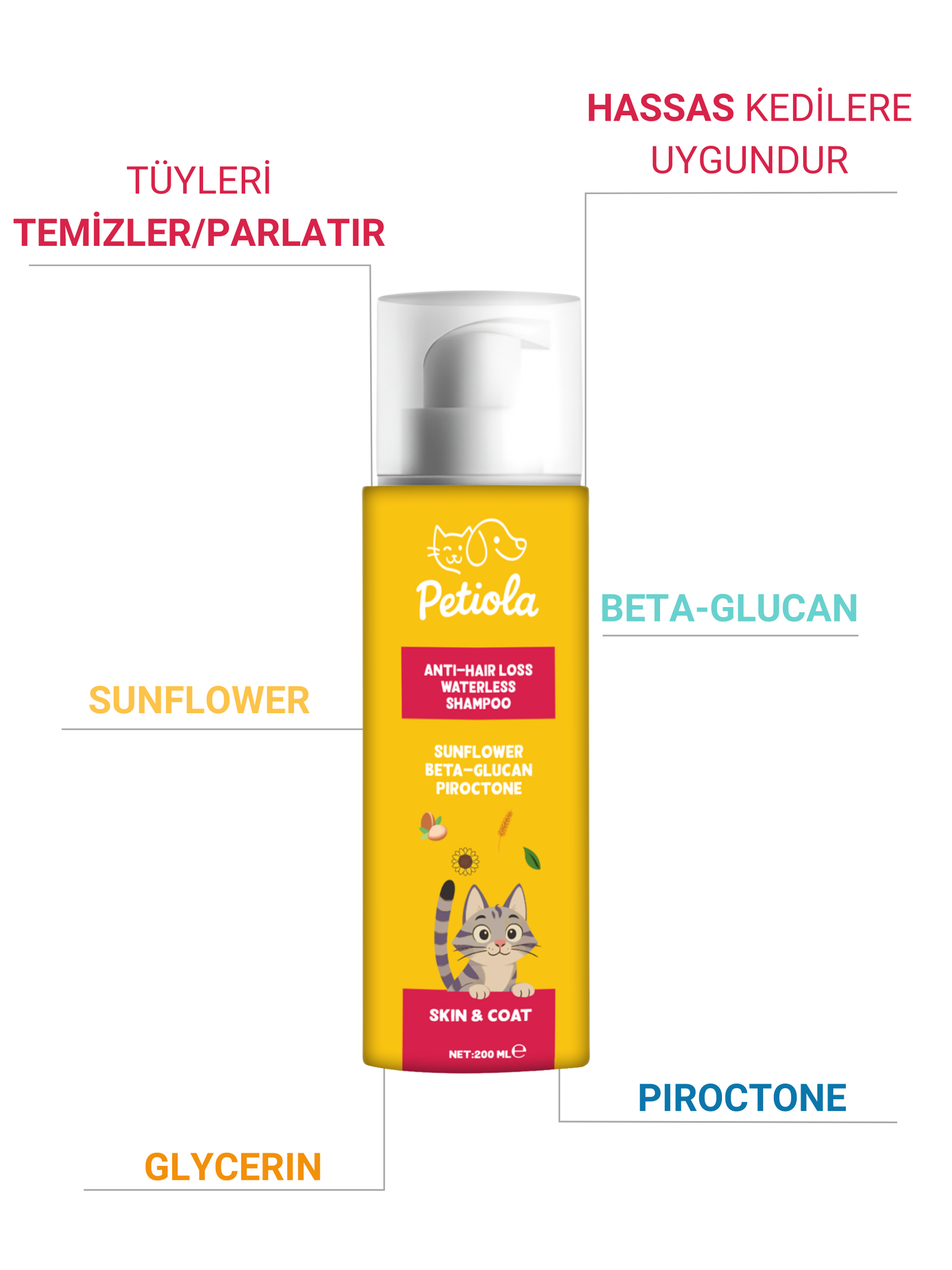 Petiola Tüy Dökülmesini Önleyici ve Tüy Sağlığını Destekleyici Kedilere Özel Kuru Bakım Şampuanı 200 ml