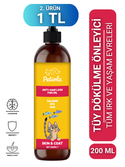 Petiola Tüy Dökülmesini Önleyici ve Tüy Sağlığını Destekleyici Kediler için Balık Yağı Omega 3 ve 6, 200 ml