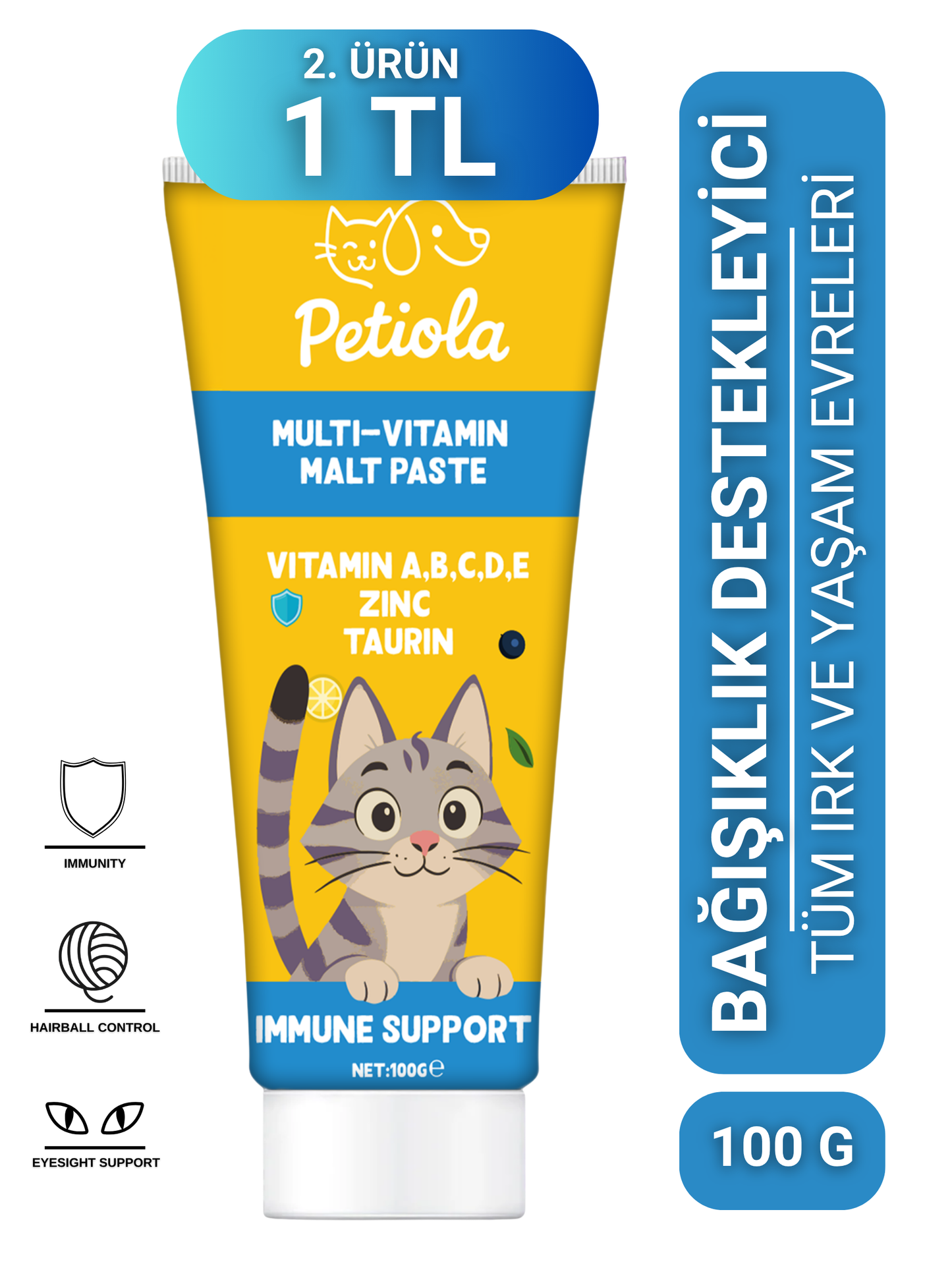 Petiola Bağışıklık Güçlendirici, Tüy Yumağı Ve Kusma Önleyici Multivitamin Kedi Malt Macun 100 gr