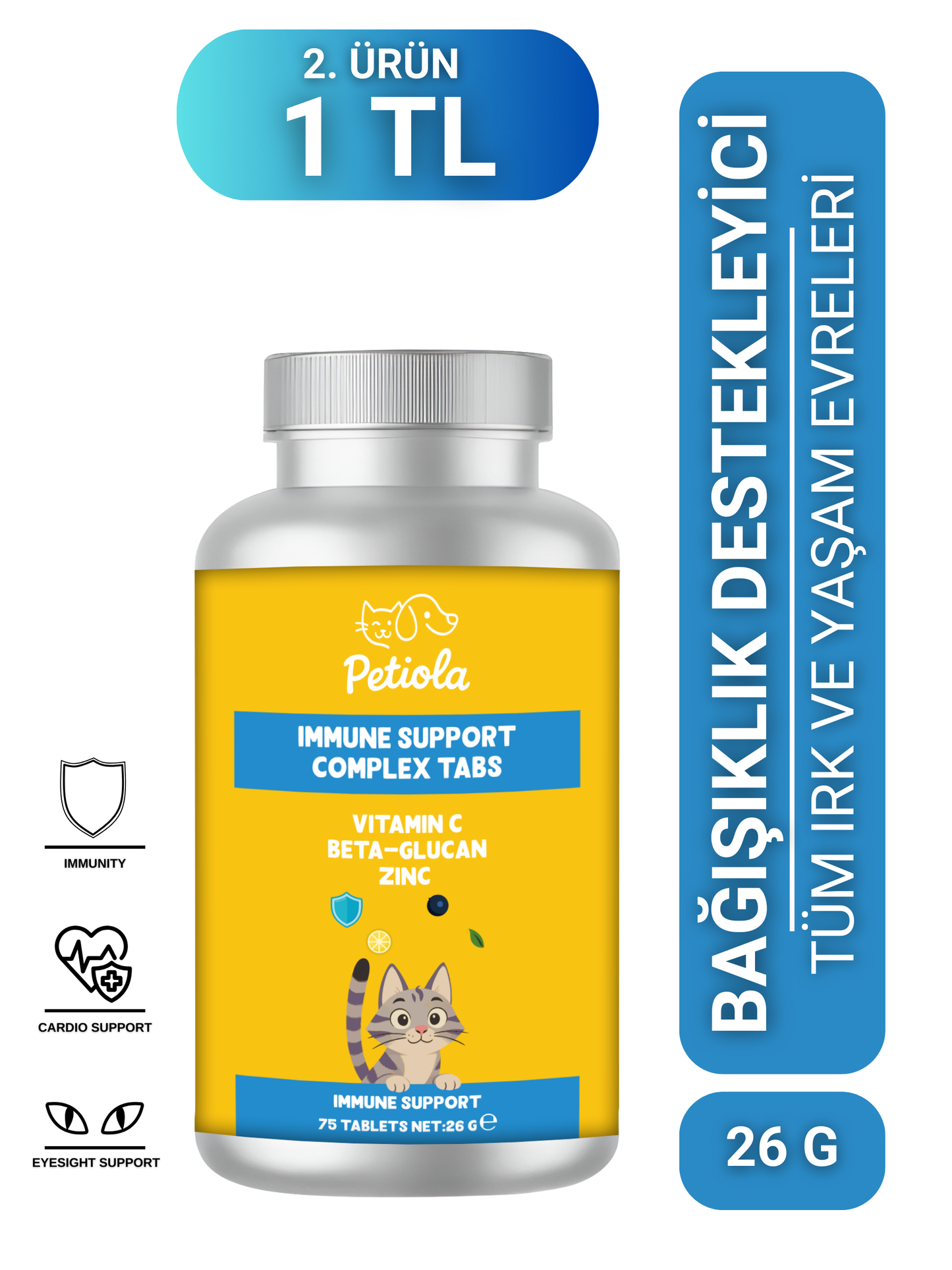 Petiola Bağışıklık Destekleyici, Direnç Arttırıcı Multivitamin Kedi Tableti 75 Tablet, 26 gr