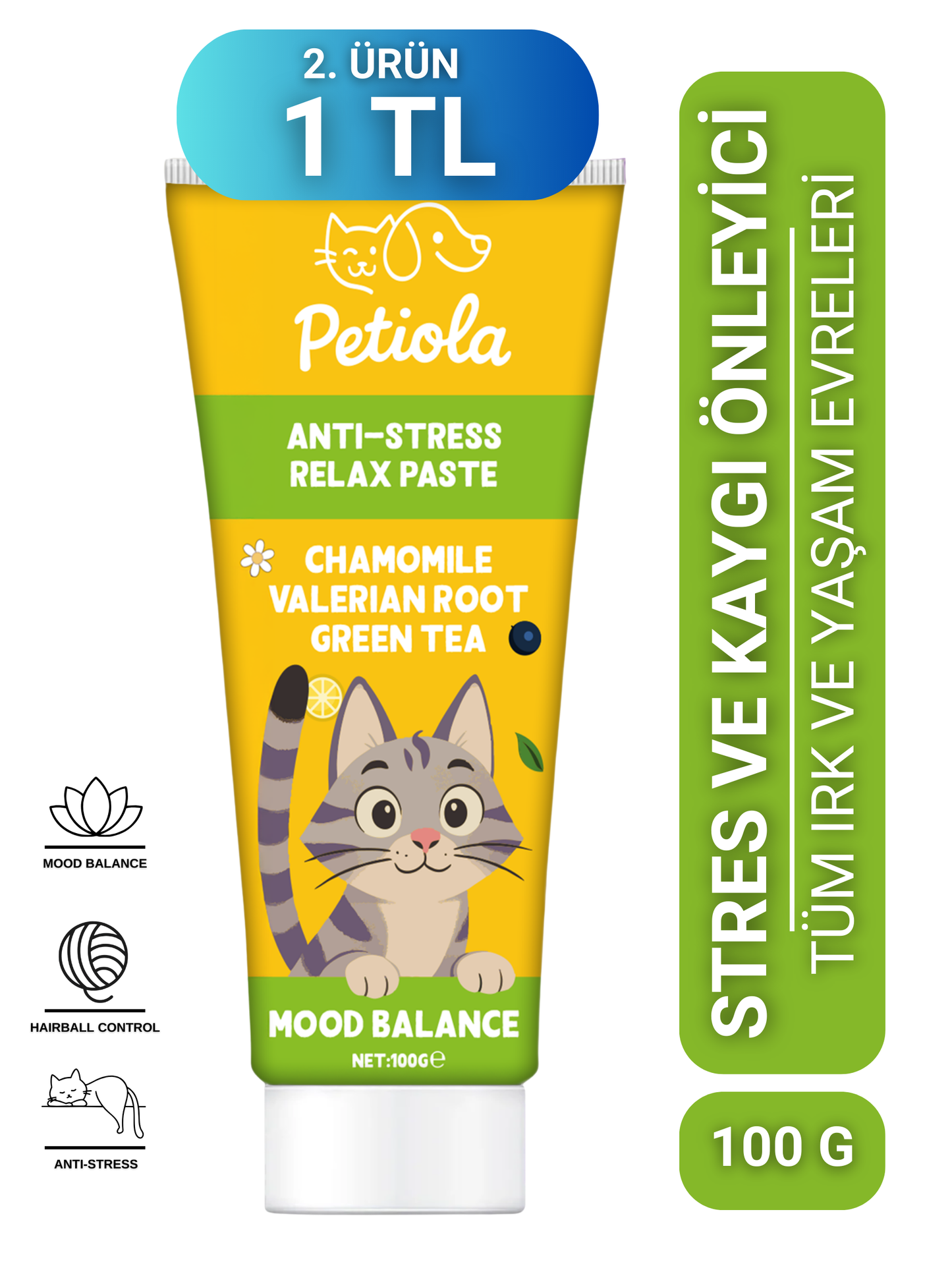 Petiola Stres ve Kaygı Giderici, Tüy Yumağı Ve Kusma Önleyici Multivitamin Kedi Malt Macun 100 gr