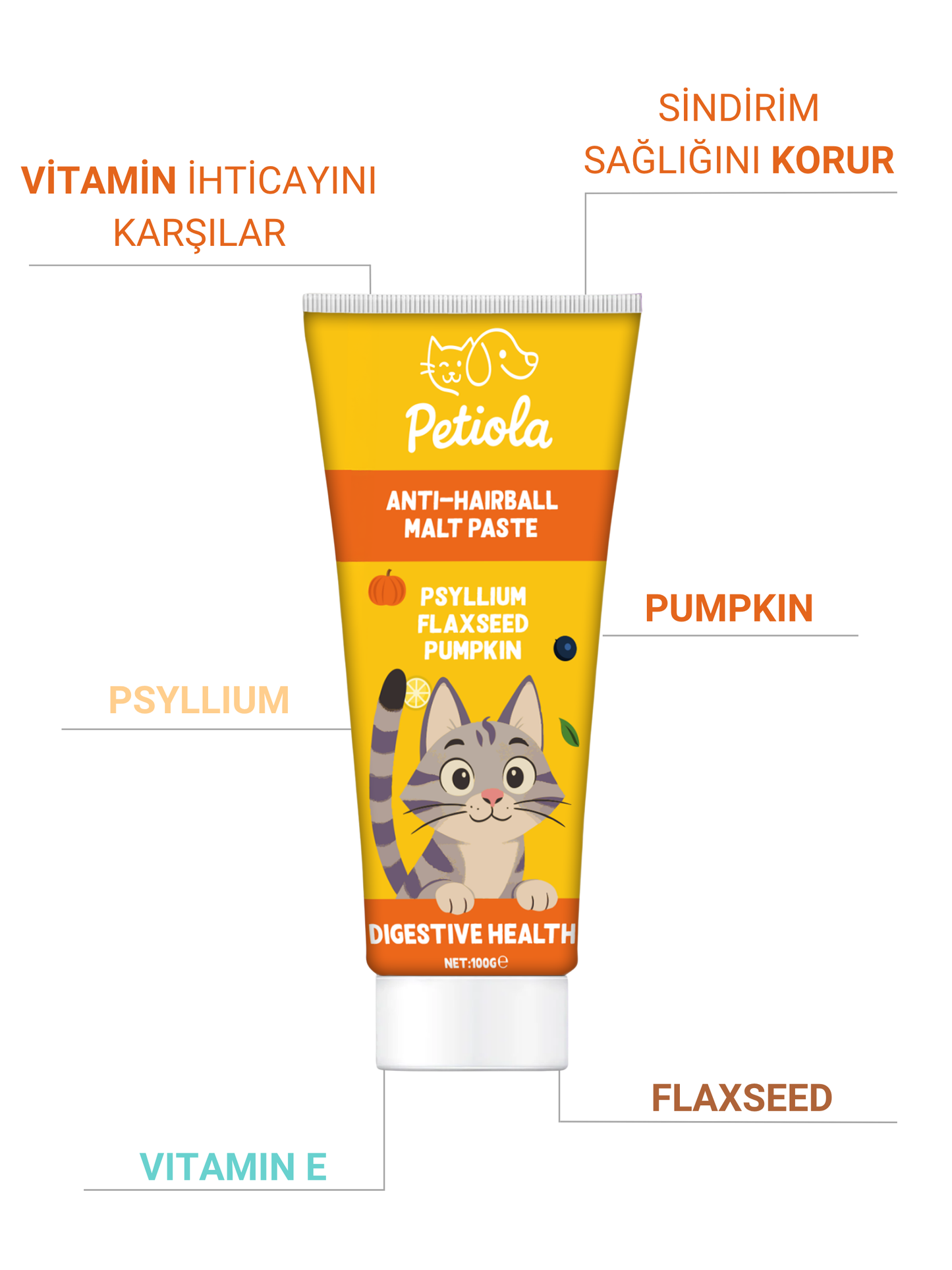 Petiola Sindirim Düzenleyici, Tüy Yumağı Ve Kusma Önleyici Multivitamin Kedi Malt Macun 100 gr