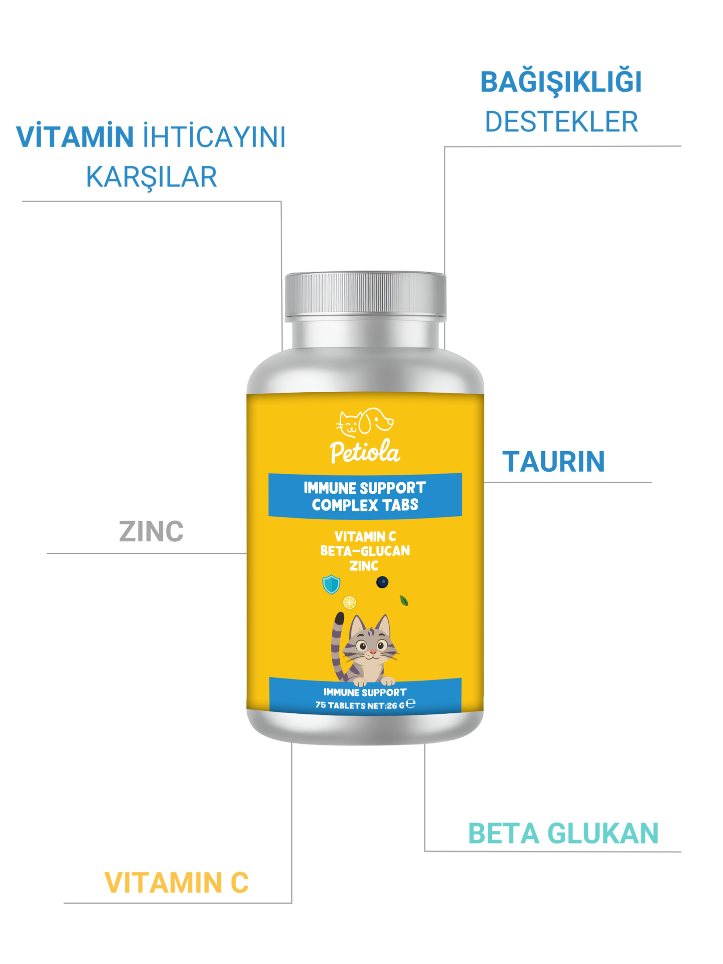 Petiola Bağışıklık Destekleyici, Direnç Arttırıcı Multivitamin Kedi Tableti 75 Tablet, 26 gr
