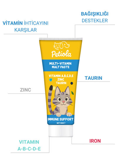 Petiola Bağışıklık Güçlendirici, Tüy Yumağı Ve Kusma Önleyici Multivitamin Kedi Malt Macun 100 gr