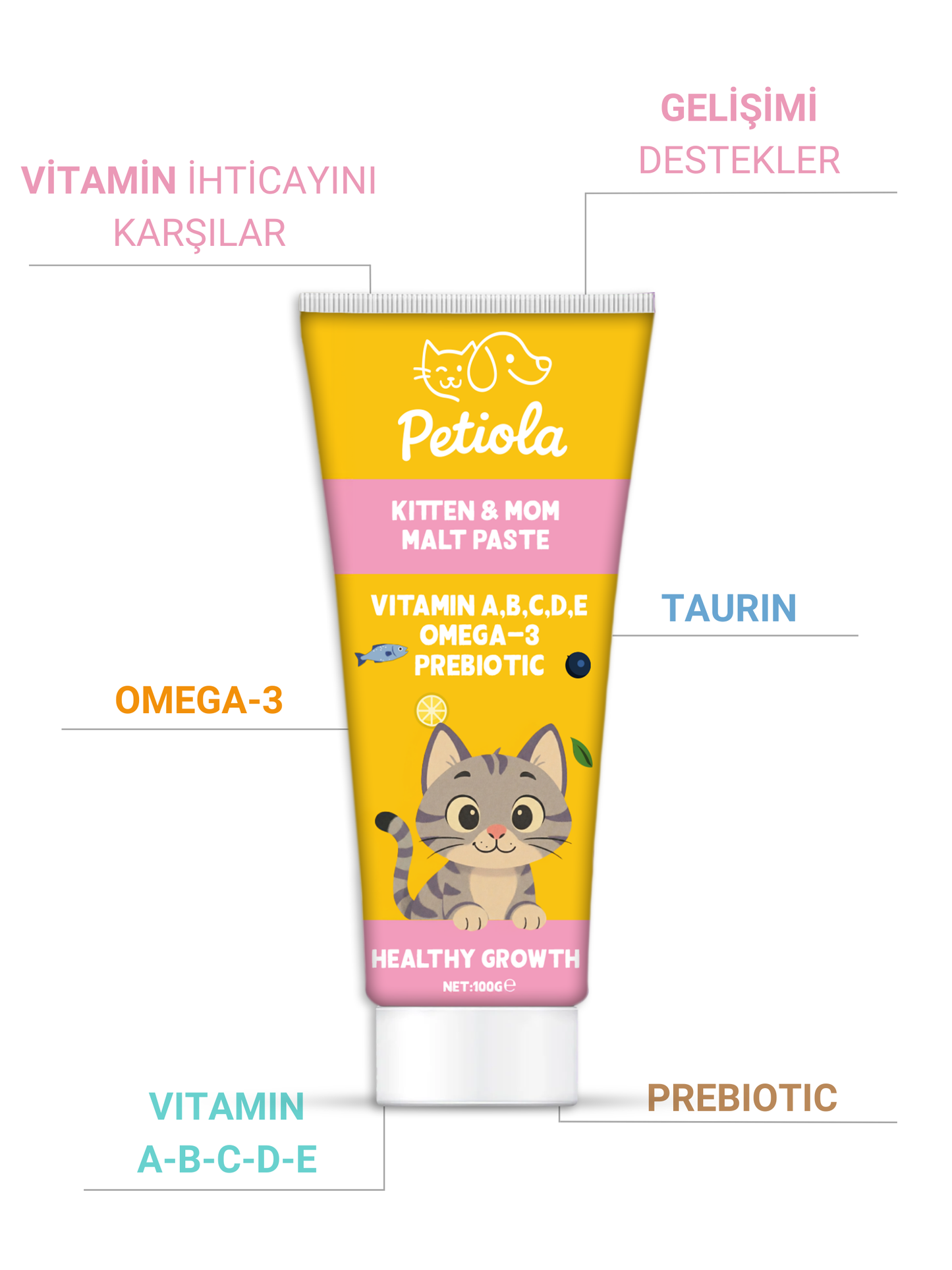 Petiola Yavru ve Anne Kediler İçin, Tüy Yumağı Ve Kusma Önleyici Multivitamin Kedi Malt Macun 100 gr