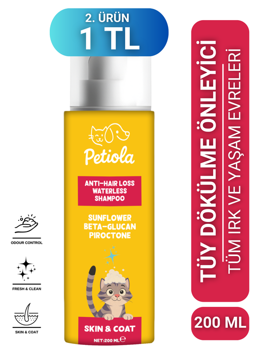 Petiola Tüy Dökülmesini Önleyici ve Tüy Sağlığını Destekleyici Kedilere Özel Kuru Bakım Şampuanı 200 ml